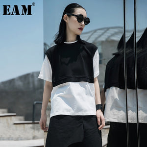 [EAM] Women White Back Contrast Color Split Big Size T-shirt New Round Neck Short Sleeve Fashion Tide Spring Summer 2020 1W034