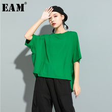Load image into Gallery viewer, [EAM] Women Green Red Back Ruffles Split Big Size T-shirt New Round Neck Half Sleeve  Fashion Tide  Spring Summer 2020 1U507
