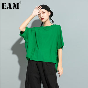 [EAM] Women Green Red Back Ruffles Split Big Size T-shirt New Round Neck Half Sleeve  Fashion Tide  Spring Summer 2020 1U507