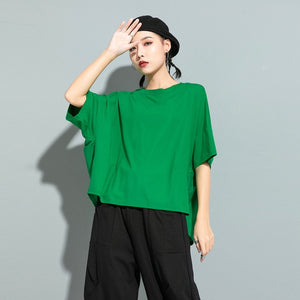 [EAM] Women Green Red Back Ruffles Split Big Size T-shirt New Round Neck Half Sleeve  Fashion Tide  Spring Summer 2020 1U507