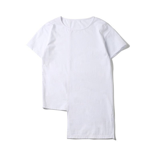 [EAM] Women White Hem Irregular Split Joint Brief T-shirt New Round Neck Short Sleeve Fashion Tide  Spring Summer 2020 JL446