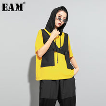 Load image into Gallery viewer, [EAM] Women Contrast Color Split Pocket Irrgular Big Size T-shirt New Hooded Short Sleeve  Fashion Tide Spring Summer 2020 1U512
