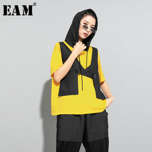 [EAM] Women Contrast Color Split Pocket Irrgular Big Size T-shirt New Hooded Short Sleeve  Fashion Tide Spring Summer 2020 1U512