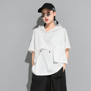 [EAM] Women Contrast Color Split Pocket Irrgular Big Size T-shirt New Hooded Short Sleeve  Fashion Tide Spring Summer 2020 1U512