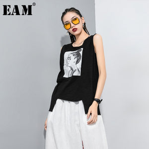 [EAM] Women Black Pattern Printed Asymmetrical T-shirt New Round Neck Sleeveless  Fashion Tide  Spring Summer 2020 1T305