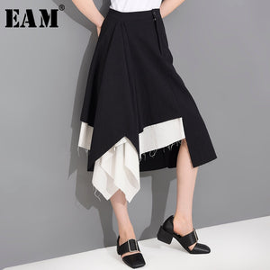 [EAM] High Waist Black White Irregular Burr Split Joint Half-body Skirt Women Fashion Tide New Spring Summer  2020 1T66601