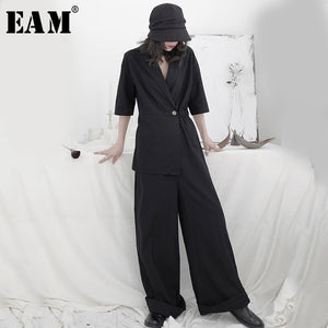 [EAM] Loose Fit Women Black Brief High Waist Irregular Long Bgi Size Jumpsuit New Pants Fashion Spring Autumn 2020 1U959