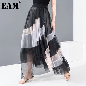 [EAM] High Elastic Waist black mesh split temperament long Half-body Skirt Women Fashion Tide New Spring Autumn 2020 1T12701S
