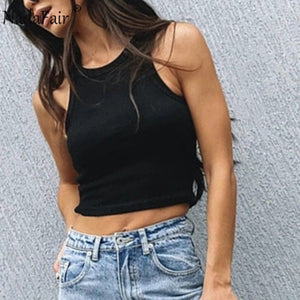 Nadafair Casual Ribbed Tank Top Women White Off Shoulder Knitted Tops Stretchy Solid 2020 Summer Sexy Crop Top
