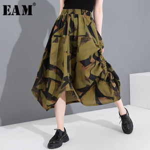 [EAM] High Elastic Waist Drawstring Pattern Printed Asymmetrical Half-body Skirt Women Fashion New Spring Autumn 2020 1T16706