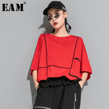 Load image into Gallery viewer, [EAM] Women Red Pocket Split Joint Big Size T-shirt New Round Neck Three-quarter Sleeve  Fashion Tide Spring Summer 2020 1U622

