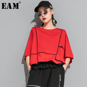 [EAM] Women Red Pocket Split Joint Big Size T-shirt New Round Neck Three-quarter Sleeve  Fashion Tide Spring Summer 2020 1U622