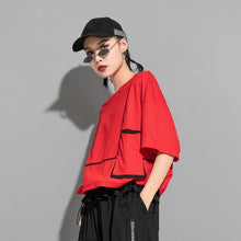 Load image into Gallery viewer, [EAM] Women Red Pocket Split Joint Big Size T-shirt New Round Neck Three-quarter Sleeve  Fashion Tide Spring Summer 2020 1U622
