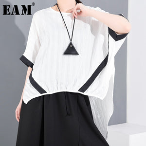 [EAM] Women White Split Joint Irregular Big Size T-shirt New Round Neck Half Sleeve  Fashion Tide  Spring Summer 2020 1U03700