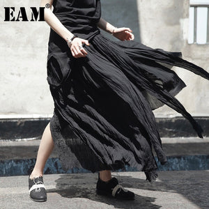 [EAM] High Elastic Waist Black Irregular Pleated Vent Long Half-body Skirt Women Fashion Tide New Spring Summer 2020 JL449