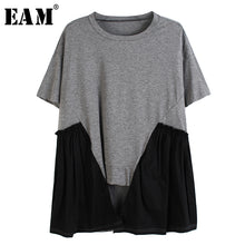 Load image into Gallery viewer, [EAM] Women Gray Pleated Asymmetrical  Temperament T-shirt New Round Neck Short Sleeve  Fashion Tide Spring Summer 2020 1U094
