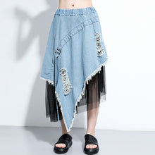 Load image into Gallery viewer, [EAM] High Elastic Waist Blue Denim Irregular Mesh Holes Half-body Skirt Women Fashion Tide New Spring Autumn 2020 1W664
