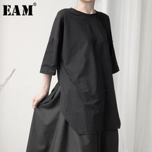 Load image into Gallery viewer, [EAM] Women Black Hem Vent Big Size T-shirt New Round Neck Three-quarter Sleeve  Fashion Tide  Spring Autumn 2020 19A-a628
